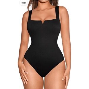 Black V Neck Square Neck One Piece Tummy Control Bodysuit Size L NWT $40